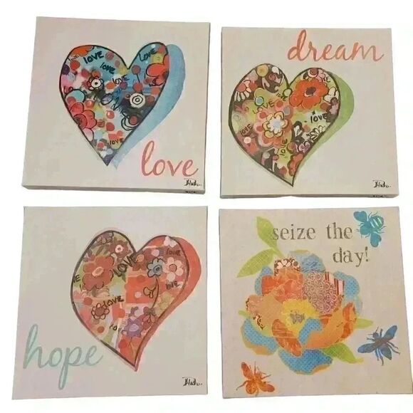Hearts of Love Girl's Bedroom Wall Decor Canvas Prints Bundle of 4 12x12 EUC - Picture 1 of 4